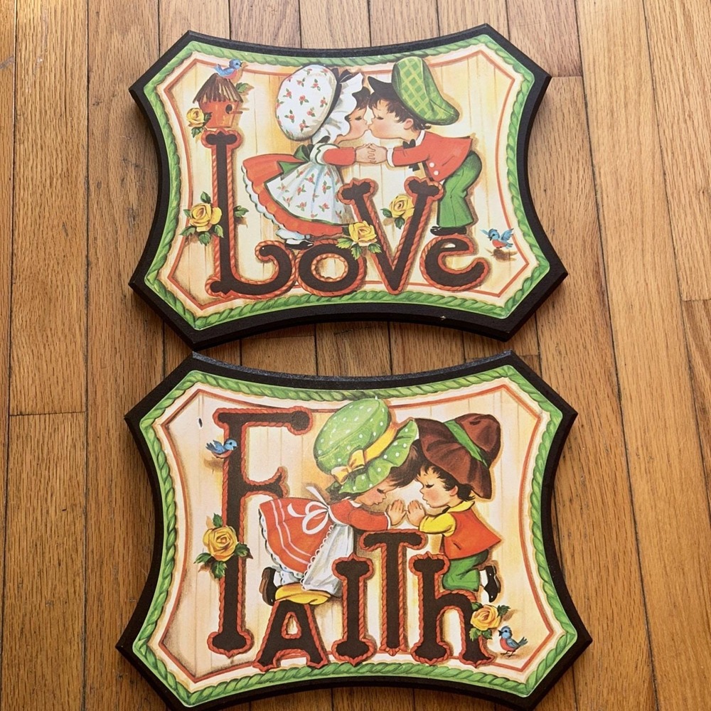 Vintage 70s HOMCO Faith Love Kissing Kids Wall Plaque Set‎ Of Two